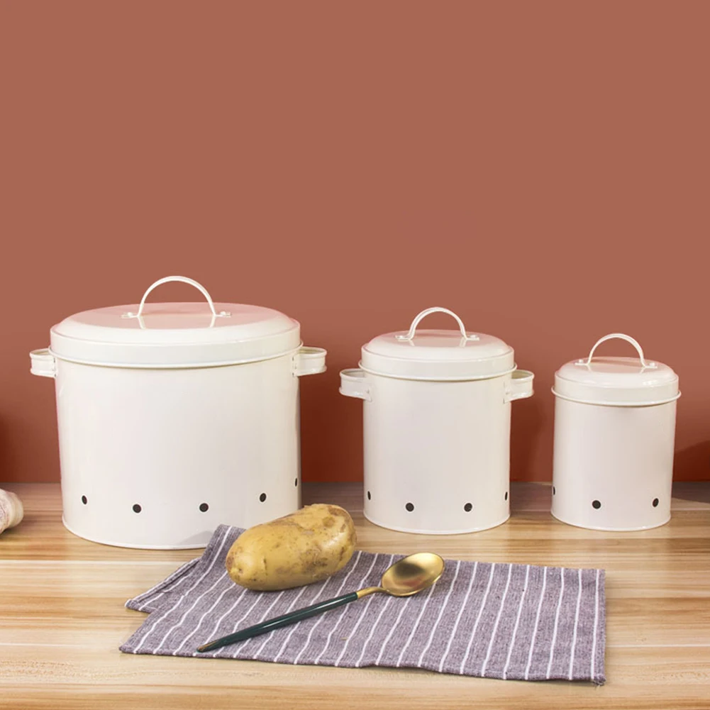 

3pcs Container Potato Onion Protective Galvanized Iron Storage Canisters Handle Practical Food With Lid Organizer Home Vegetable
