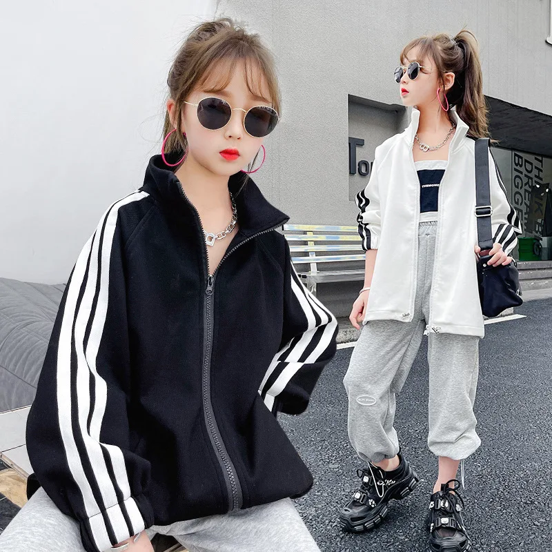 

Girls' jacket spring 2022 new three-bar long-sleeved loose bf wind sports and leisure baseball clothing trend