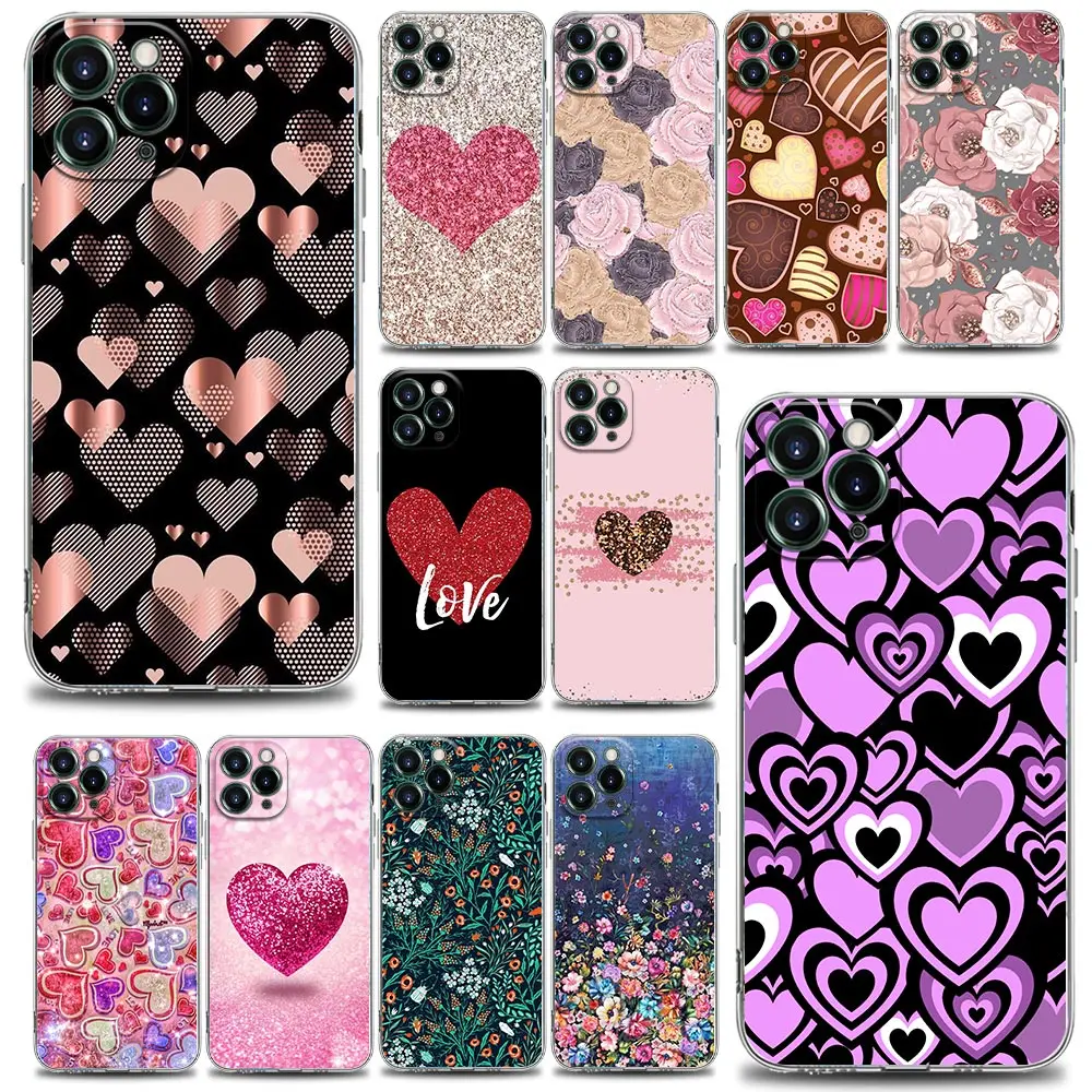 

Heart Love And Flower Phone Case For iPhone 11 12 13 Pro Max XR XS X 8 7 SE 2020 6 Plus Cute Shockproof Clear Soft Cover Shell