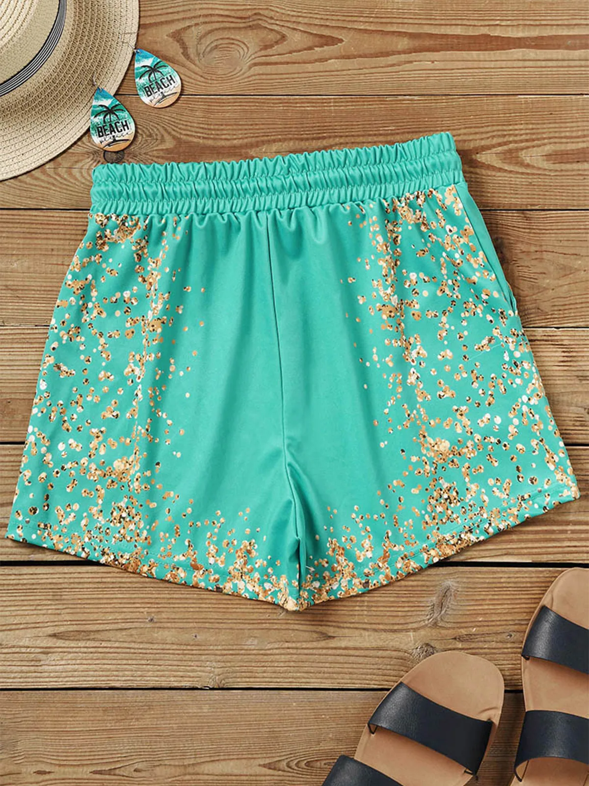 Fashion Sun Salt Sand Coconut Tree Glitter Pocket Shorts Women Clothing Beach Pants Outing Short korea style