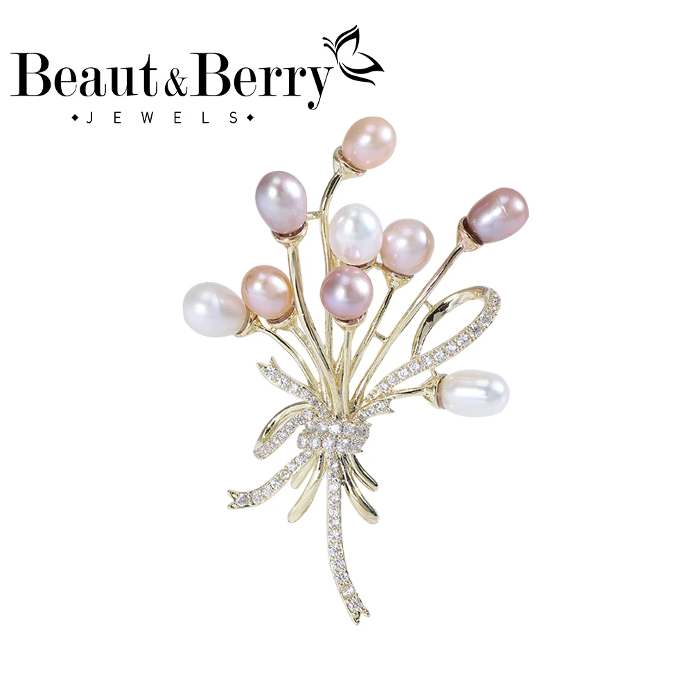 

Beaut&Berry Copper Zircon Pearl Bouquet Ladies Brooch Wedding Party Festival Brooch Gift Office Dress Accessory Brooch