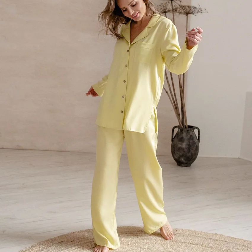 Yellow Color Satin Silky Pajams Set Fashion Long Sleeves Female Sleepwear Home Wear Pyjamas Set
