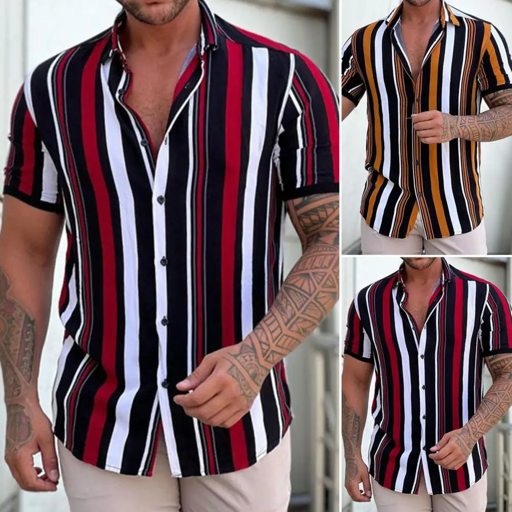 

Thin Fashion Single-breasted Men Tops Breathable Summer Tops Stripe Print Male Clothes