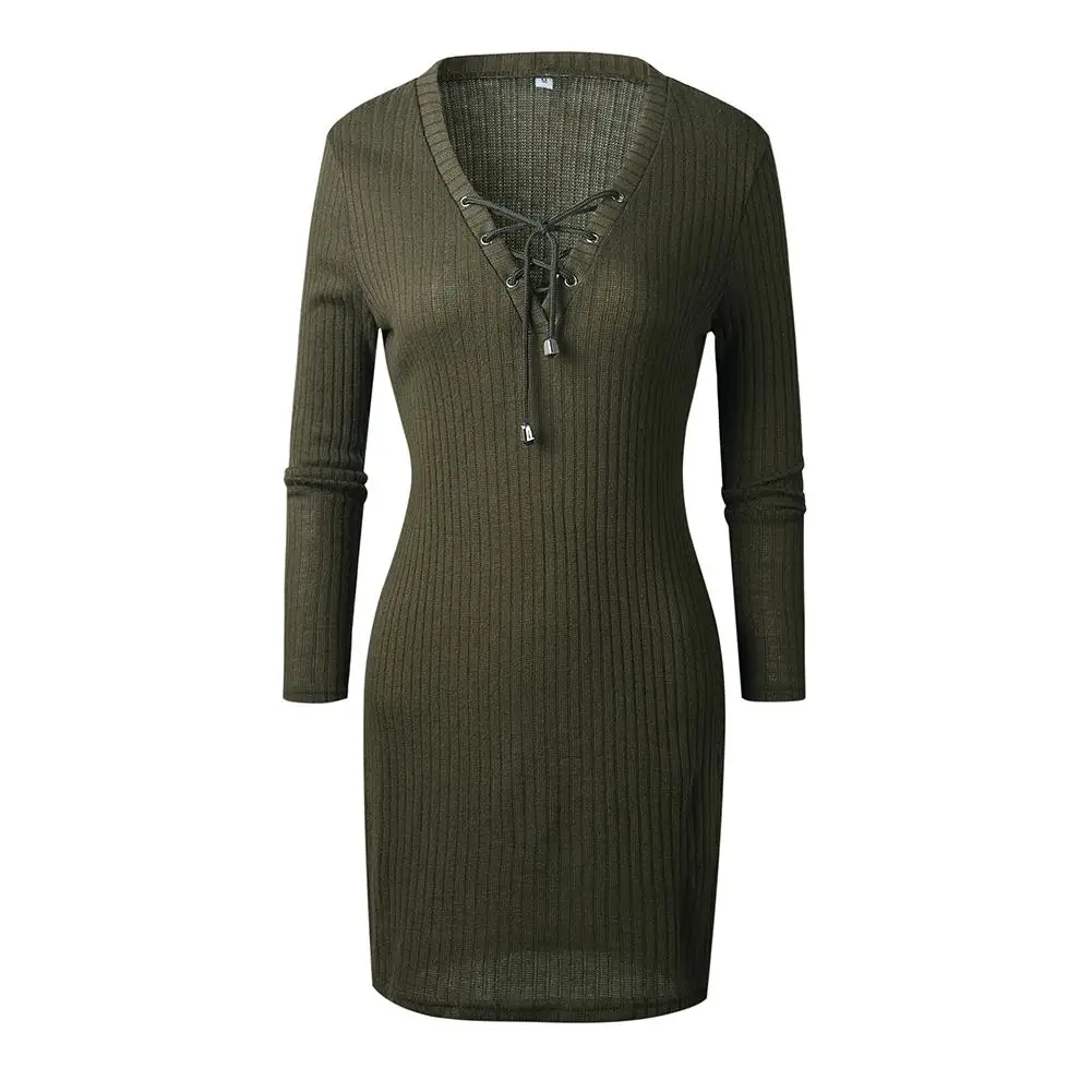 

Women Solid Hip Wrapped Dress Fashion Trend Long Sleeve Unique Design Female Cultivate Oneself V-neck Tunic Dresses