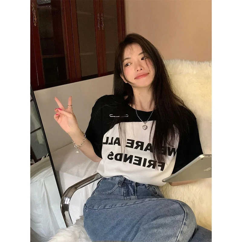 

Женская футболка с коротким рукавом, черно-белая свободная футболка с круглым вырезом и буквенным принтом, лето 2023