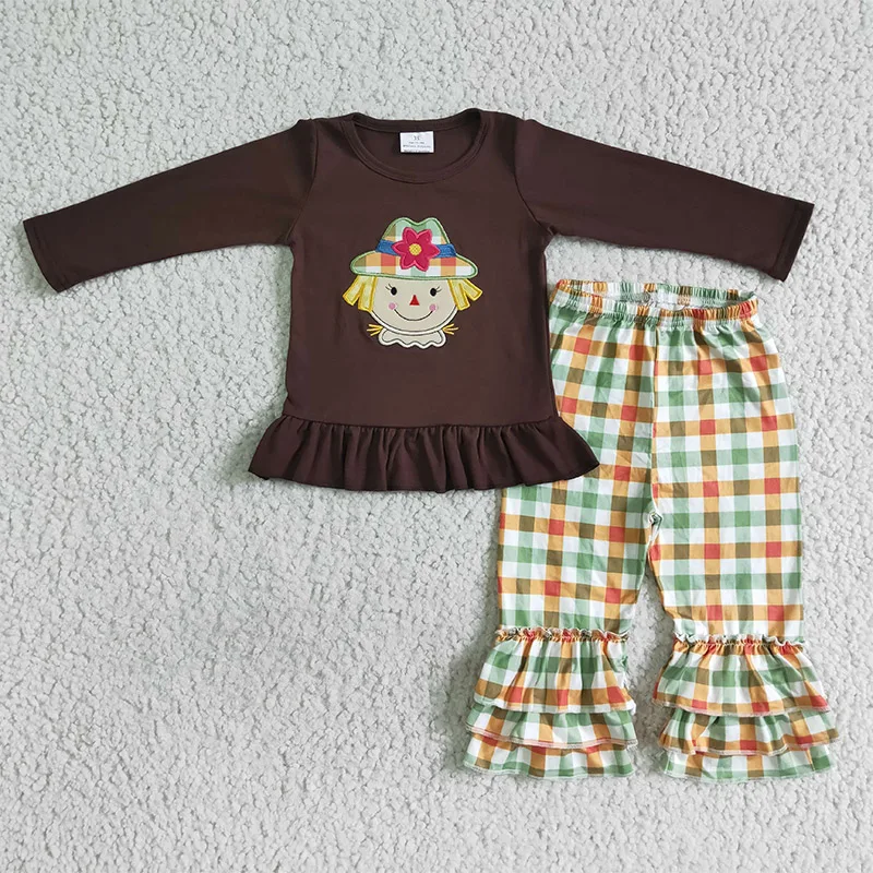 

Boutique girls clothes set cartoon embroidery brown cotton shirt plaid pants girls fall outfits kids 2 pcs outfits
