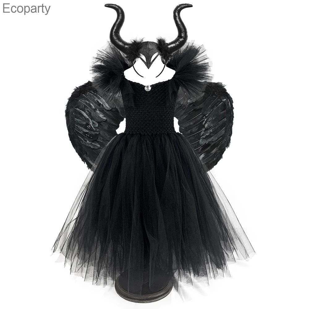 

Black Witch Costume Wing Horns Kid Girls Tutu Dress Ankle Length Halloween Devil Cosplay Clothes for Child Party Prop Gift36