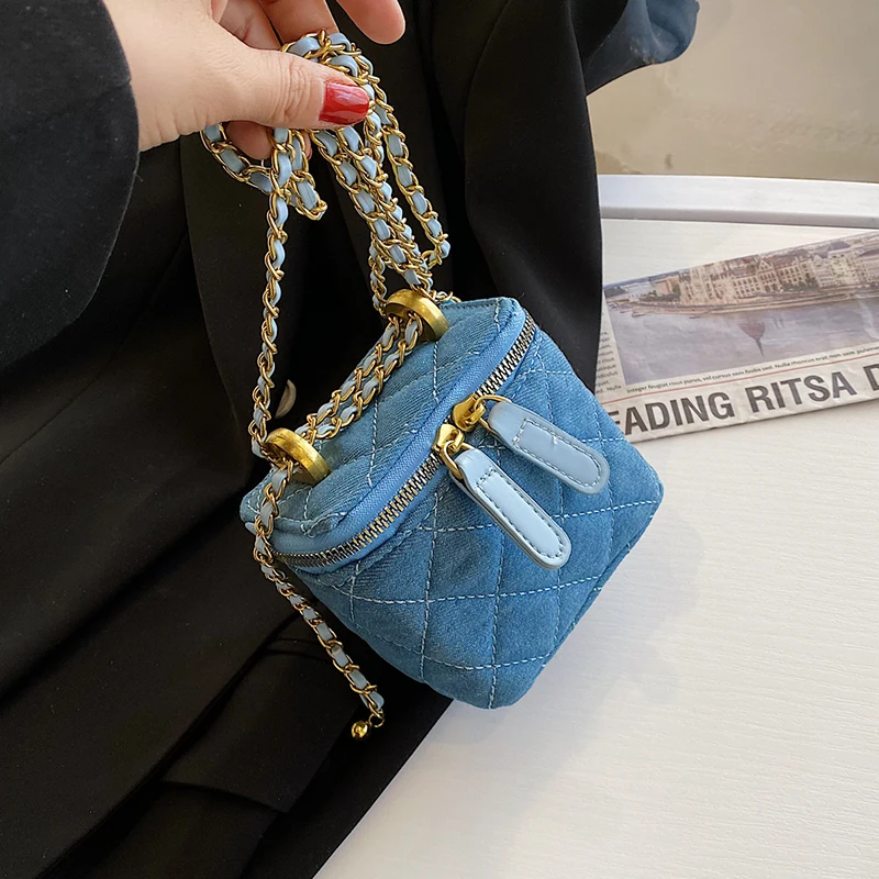 

Korean Style Mini Box Fabric Denim Quilted Crossbody Bag for Women 2022 Fashion Luxury Brand Chain Jean Shoulder Kawaii Handbags