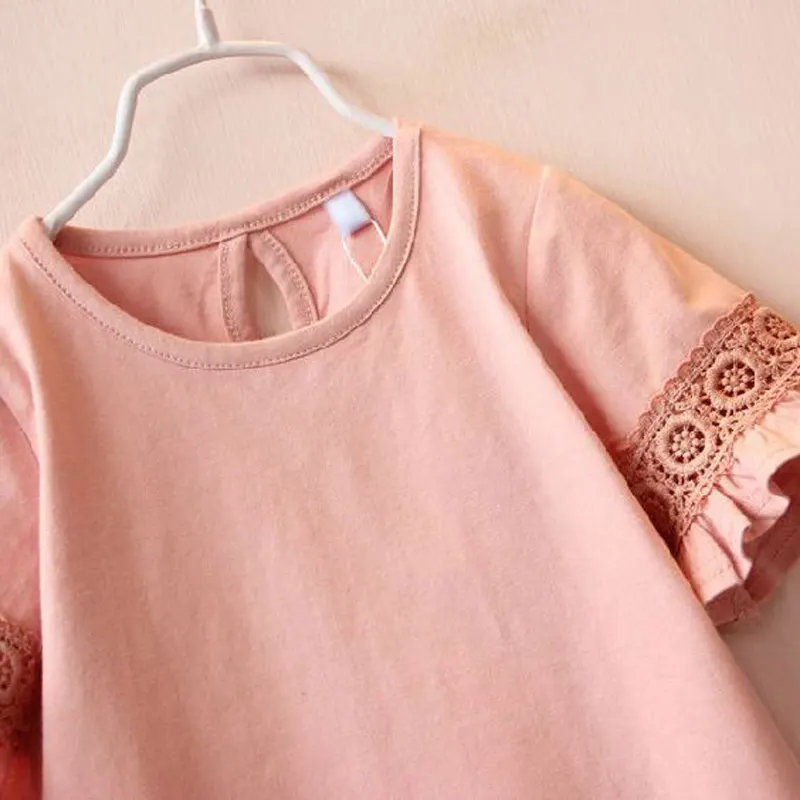 Girls Baby T-shirt Round Neck Lace Trumpet Sleeve Short Sleeve Girls T-shirt Solid Color Tops Summer New Children Clothing enlarge