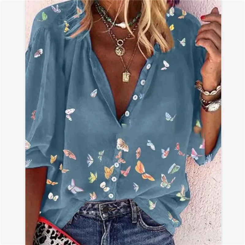 

Women Blouses Butterfly Print Buttons Ladies Shirts V-Neck Long Sleeve Blouse Female Tops 2023 Spring Casual Shirt Mujer Top