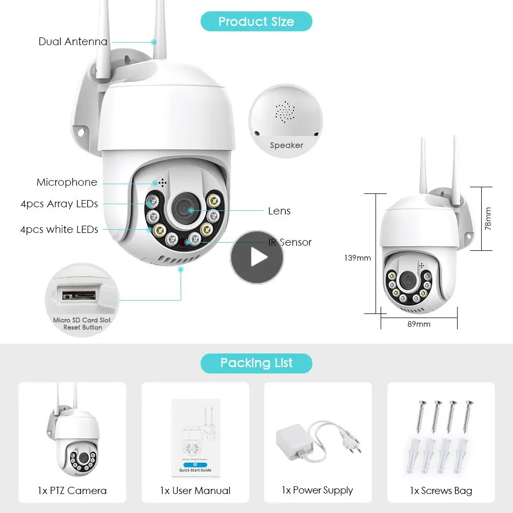 

5mp Wifi Ip Camera Ai Human Detect Cctv Camera Color Night Vision Auto Tracking Wireless Ptz Camera 5x Digital Zoom