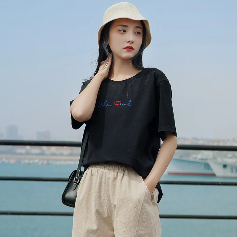 

Летняя женская футболка с буквенным принтом, женская футболка, повседневные свободные Дамские топы с коротким рукавом и круглым вырезом и в...