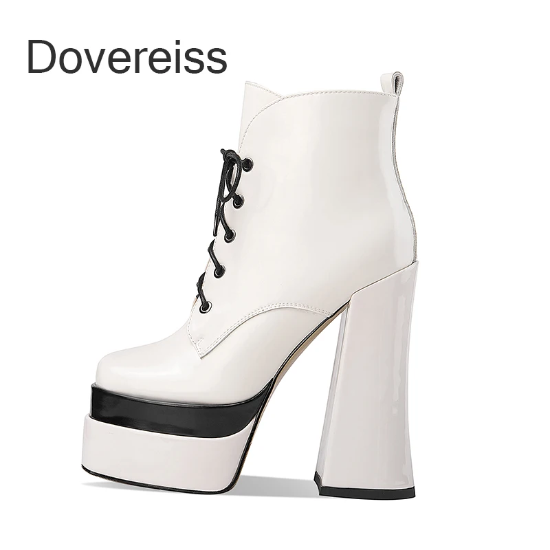 

2022 Winter Women Fashion New Sexy Cross Tied Square Toe Short Female Boots Genuine Leather Beige Green Block Heels Ankle Boots