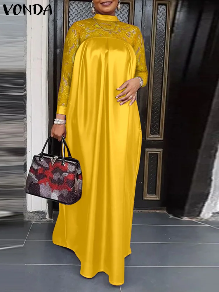 

VONDA 2022 Oversized Summer Bohemian Lace Patchwork Maxi Robes Longues Long Sleeve Mock Neck Vestidos Women Vintage Kaftan Dress