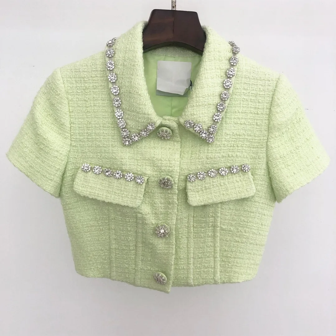 

2023Tweed stone nail bead heavy industry blouse, girly sense merger exquisite sense of everything suits single wear are pretty