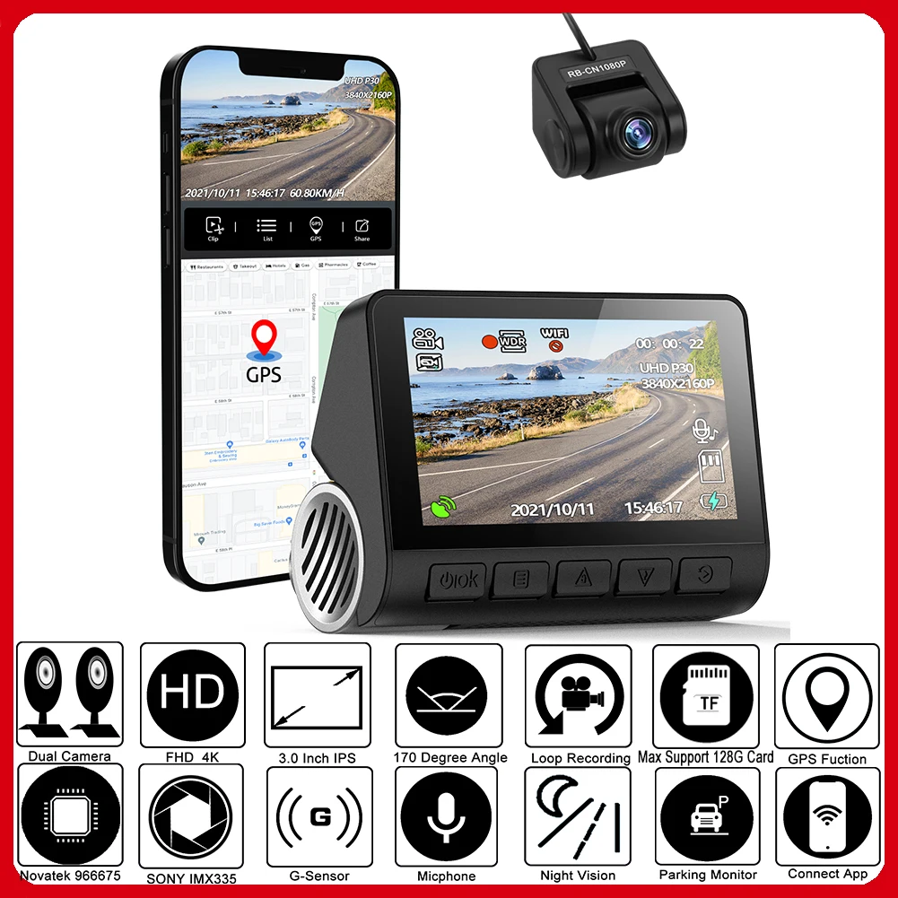 XYZCAM 2K 4K Dual Dash Camera 3.0 Inch LCD WiFi Car DVR 24H Parking Support GPS Track 1080P Rear Cam 170° FOV Auto Recorder