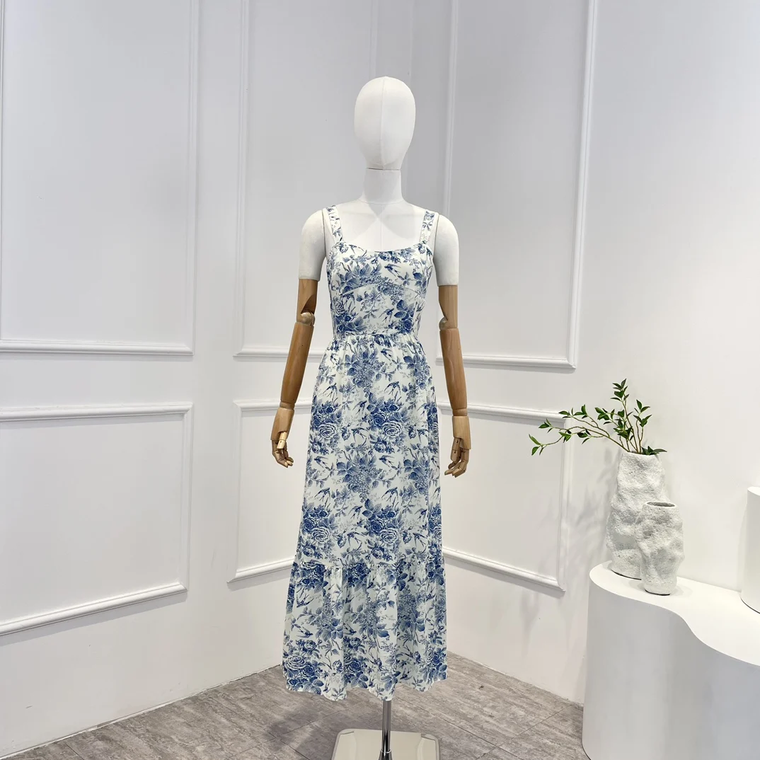 2023 Top Quality New Spring Summer Holiday Style Sky Blue Floral Printing Elegant Midi Tank Dresses Women