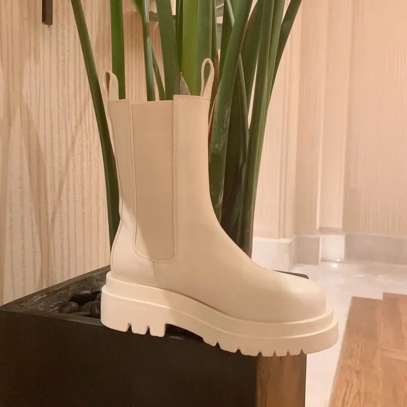 Женские ботинки челси из натуральной кожи Нескользящие черные белые до середины