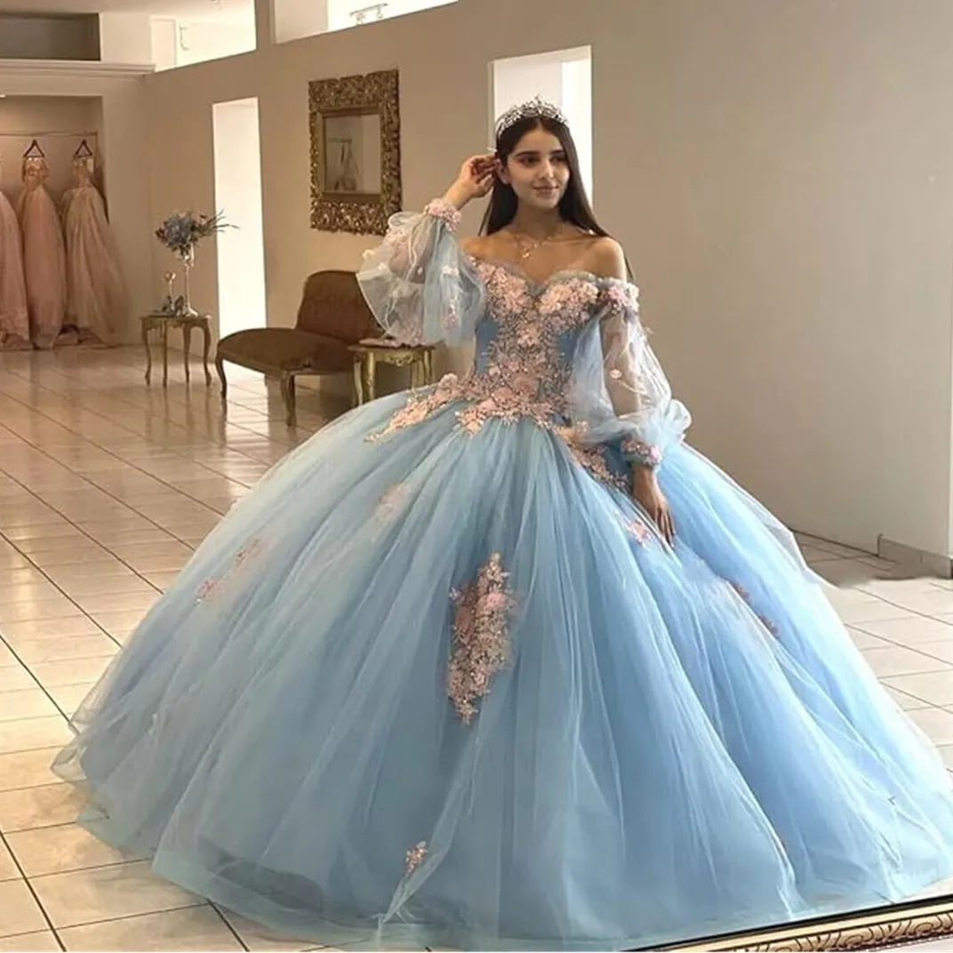 

Бальное платье принцессы с открытыми плечами, платье небесно-голубого цвета, бальное платье с бисером для дня рождения, платье на шнуровке с аппликацией для выпускного вечера