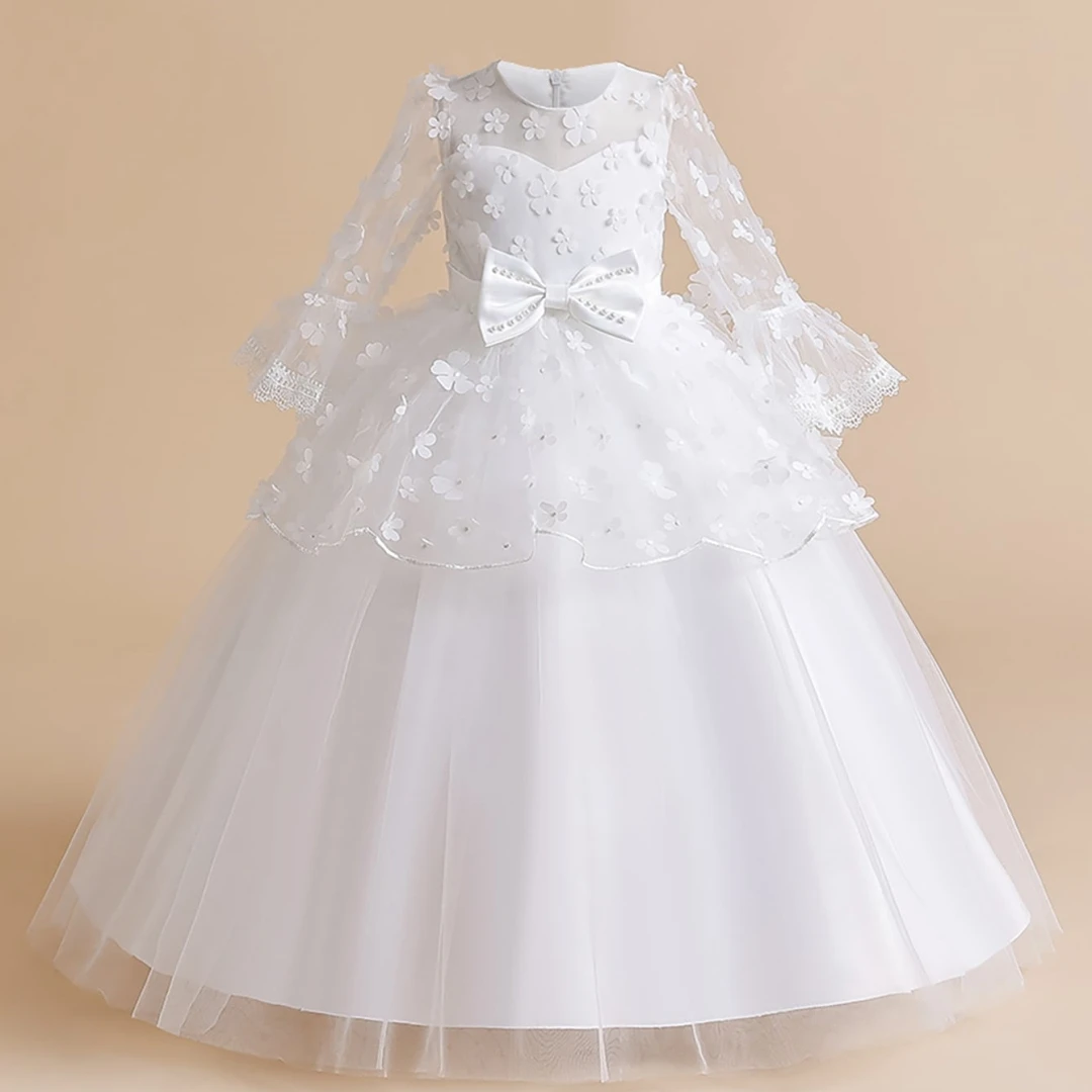 

2023 Kids Girls Children Bridesmaid Flower Dresses Long Sleeve Costume Elegant Princess Party Wedding Evening Vestidos