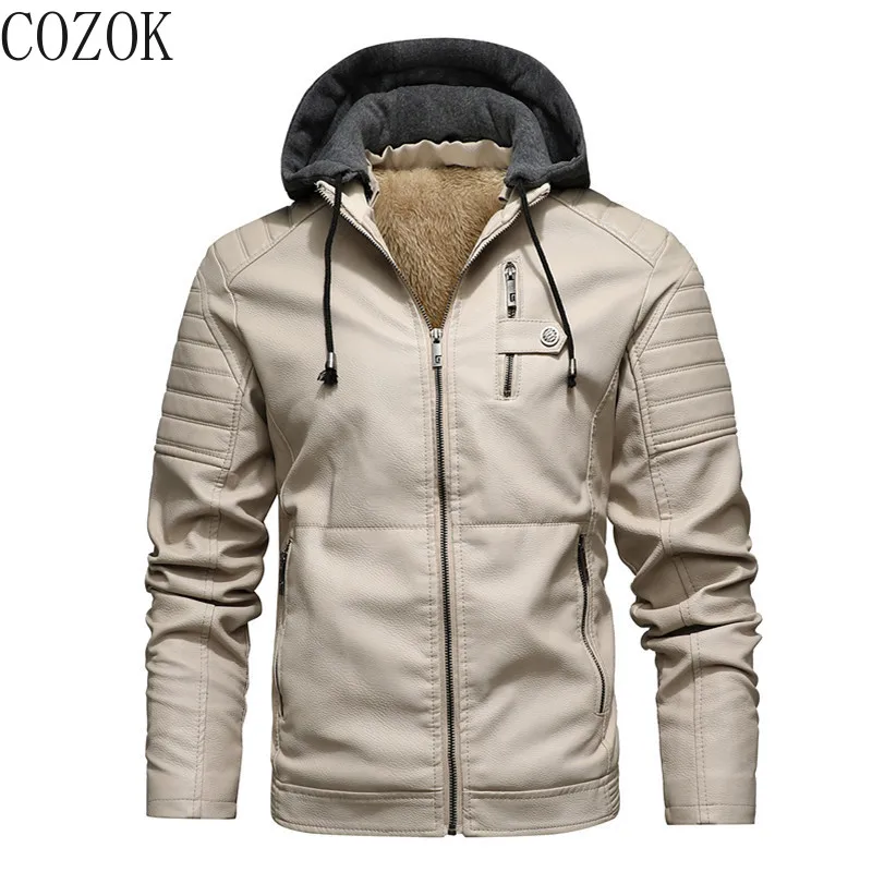 

Men's Motorcycle Jacket Hooded 2022 Autumn Winter New Faux PU Leather Jackets Men Casual Solid Biker Coat Zipper Fleece Coats