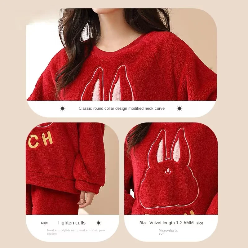 Pajamas Set Women's Winter Thickened Flannel Round Neck Style Sweet Pajamas Comfortable Warm Home Suit Set Pyjamas Femme