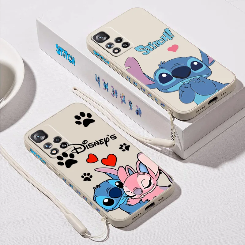Милый чехол для телефона Disney Stitch Animation Xiaomi Redmi Note 10 9 8 7 T S Pro Max Lite 5G Liquid Left Rope Funda Silicone
