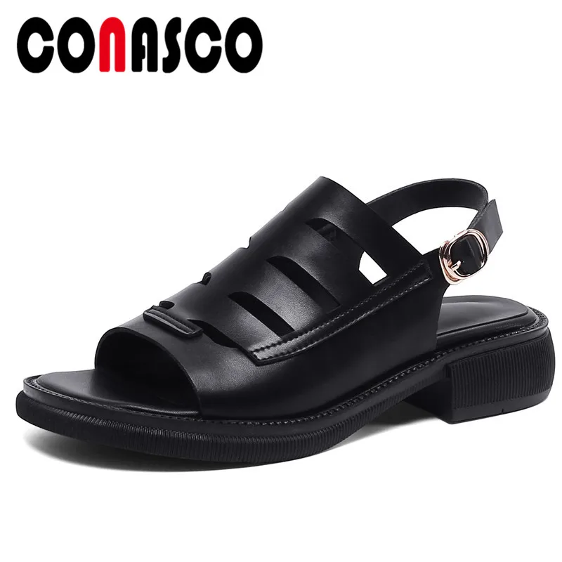 

CONASCO Women Sandals 2022 Summer Retro Rome Style Hollow Genuine Leather Gladiator Shoes Woman Low Heels Casual Peep Toe Pumps