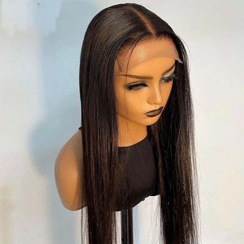 180%Density 26Inch Long Remy Straight Synthetic Lace Front Wig For Black Women With Baby Hair Heat Resistant Fiber Daily Wig