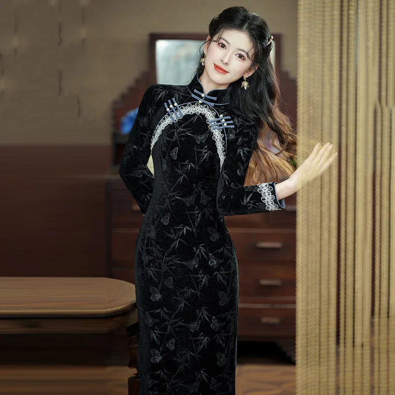 Черное длинное платье Cheongsam в китайском стиле 2024 новое модное осенне-зимнее с