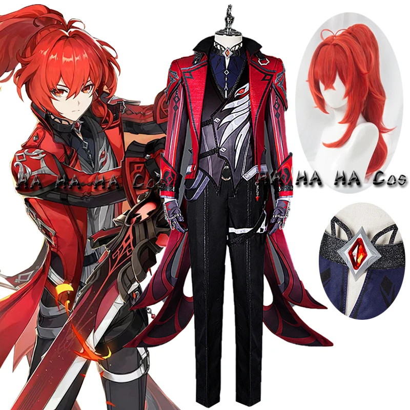 

Game Genshin Impact Red Dead of Night Diluc Cosplay Costume Halloween Carnival Fancy Party Uniform Wig Men Women Outfit Full Set