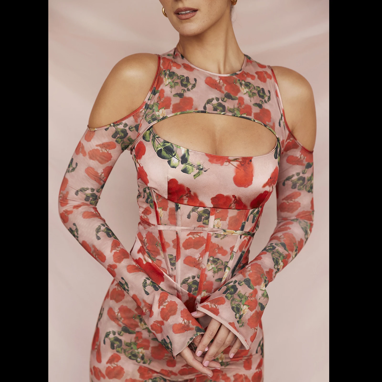 

Women's Tube Top Long Sleeve Tops With Flower Pattern Chest Shoulder Hollow Irregular Hem Skinny Spring Clothing Streetwear Y2k