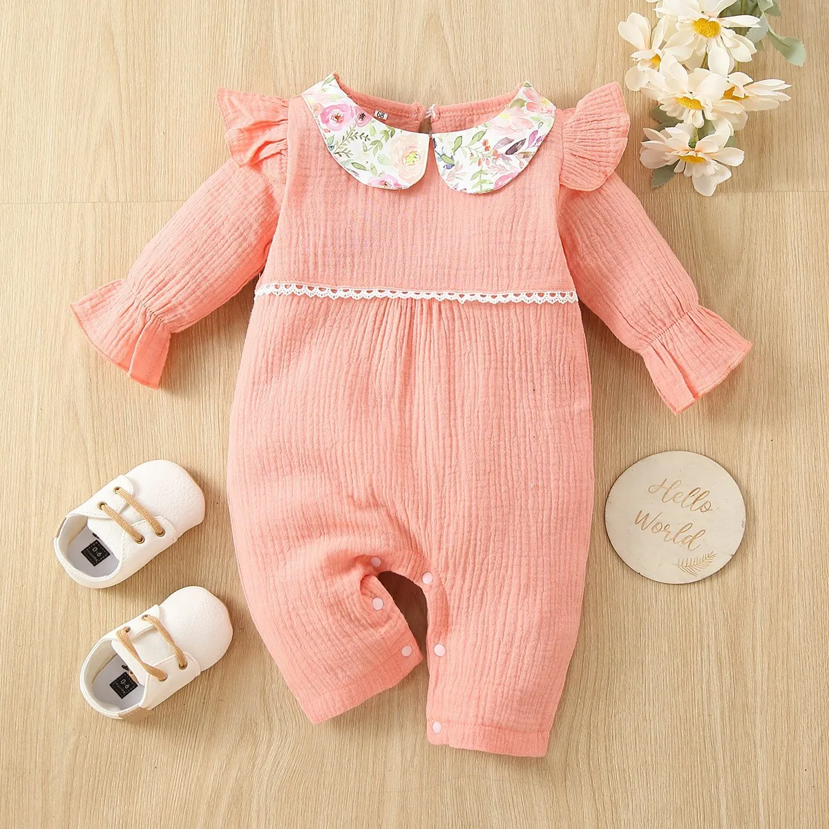 

Children's Clothing Newborn Baby Girls Romper Toddler Cotton Solid Ruffle Ribbed Striped Bodysuit Infant Spring Casual Jumpsuit