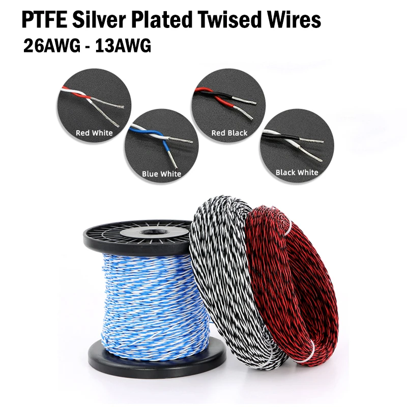 PTFE Wire 2pins Twised Pair 26/25/24/22/20/18/17/15/13AWG DIY FEP High Temperature Electronic Signal Silver Plated Copper Cable