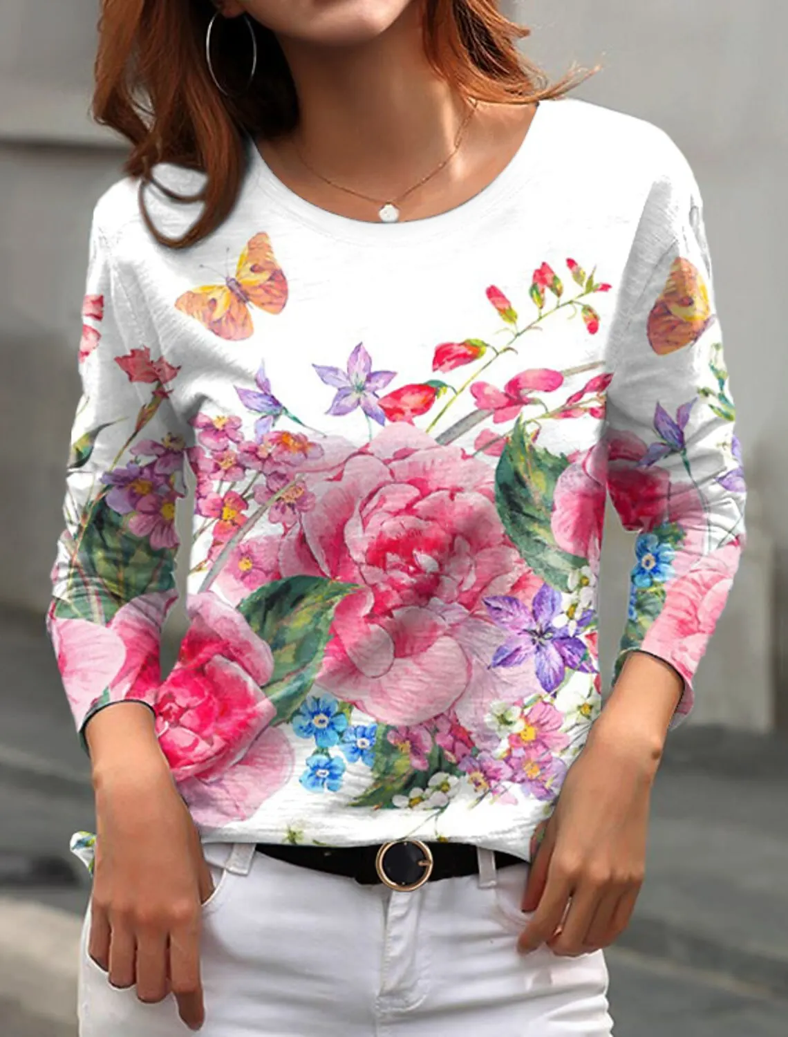 

Fashion Women's T shirt Sweatshirt Floral Print Long Sleeved Basic Design Round Neck Regular Fit Floral Painting Spring & Fall
