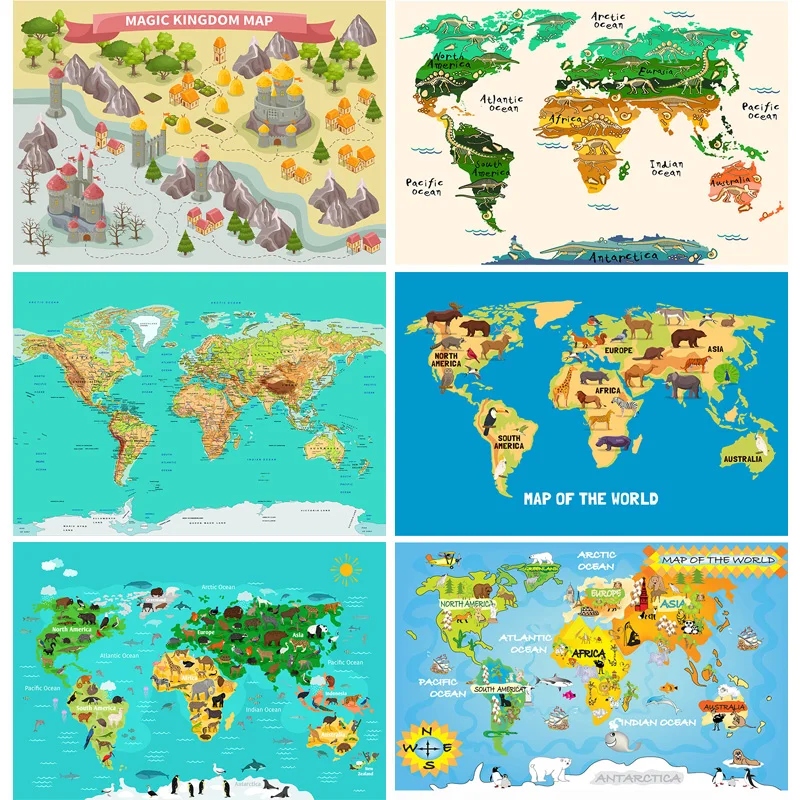 

Vinyl Photography Backdrops Props Physical Map of The World Vintage Wall Poster Home School Decoration Baby Background 22625-03