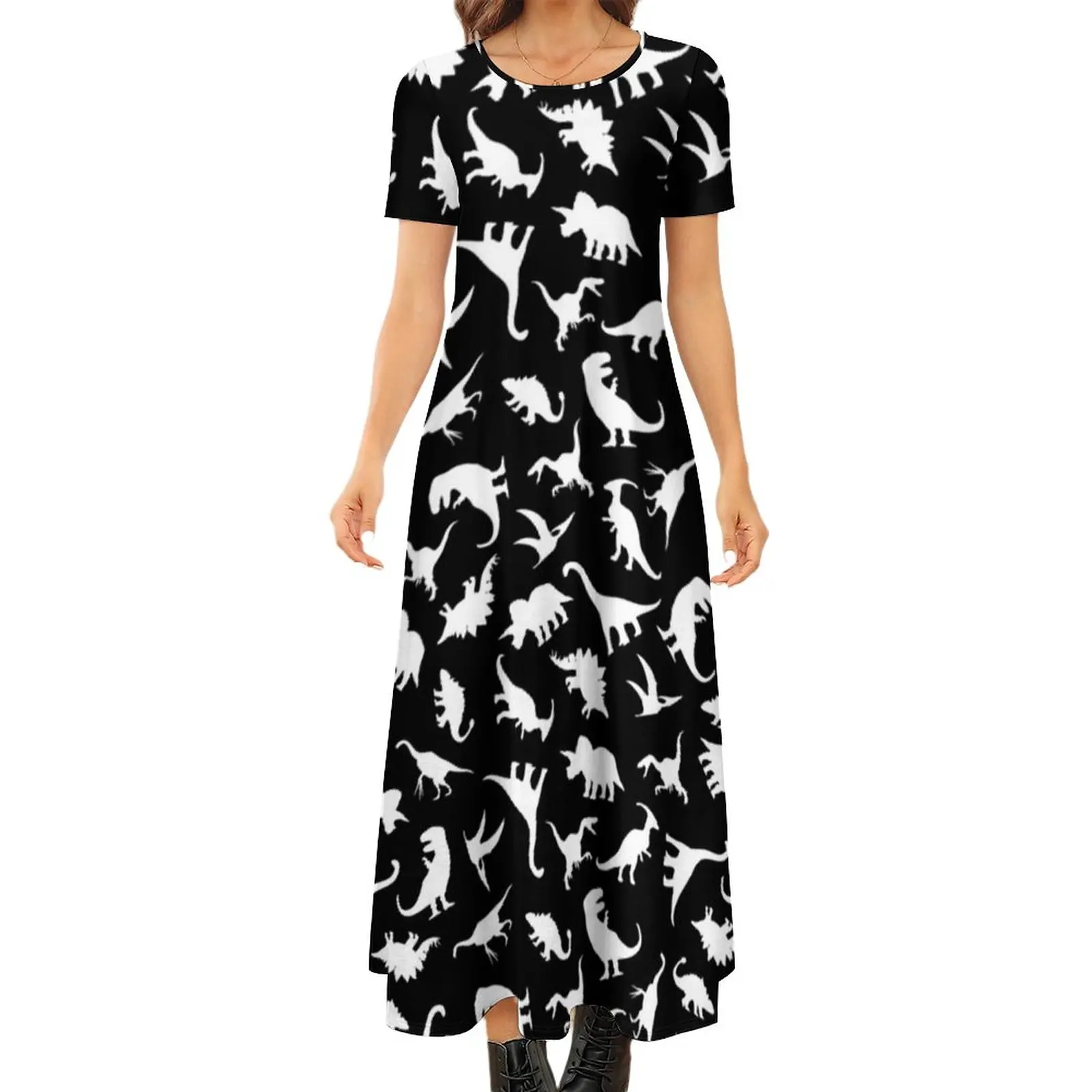 

Fun Dinosaurs Pattern Dress White on Black Graphic Cute Dino Korean Fashion Boho Beach Long Dresses Party Maxi Dress Big Size