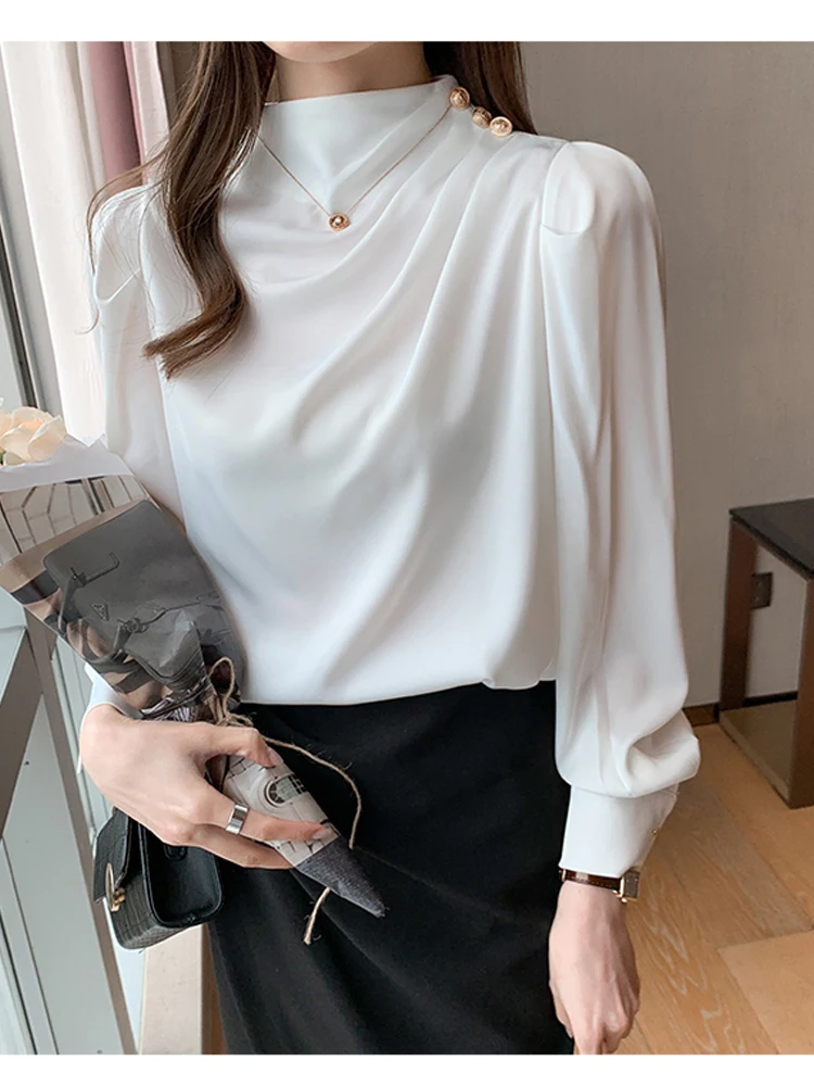 Женская атласная рубашка с длинным рукавом-фонариком шифоновый топ высоким