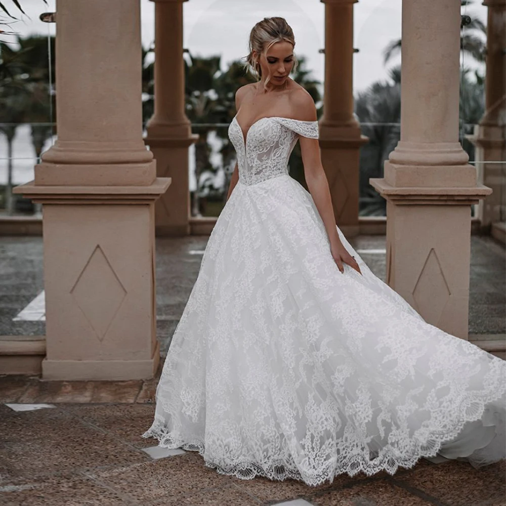 

Gorgeous A-Line Off the Shoulder Wedding Dress for Women Sexy Sweetheart Appliques Chaple Train Backless Bridal Gown Custom Made