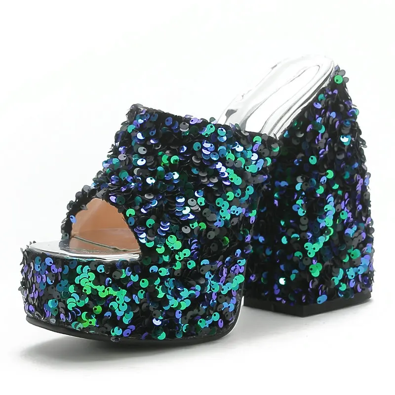 

Thick High Heels Women Sandals Slippers Concise Bling Genuine Leather Fashion Party Casual Pumps Platforms Summer Shoes Woman