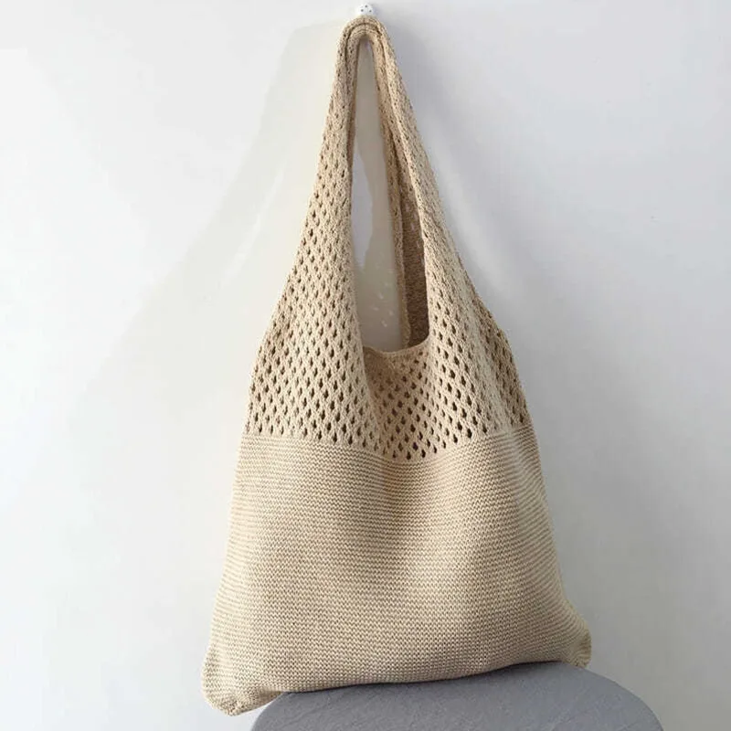 

Women Simple Retro Hollow Knitted Bag Hollow Mesh Woven Beach Bags Sen System Straw Bag Holiday Handmade Cotton Rope Network