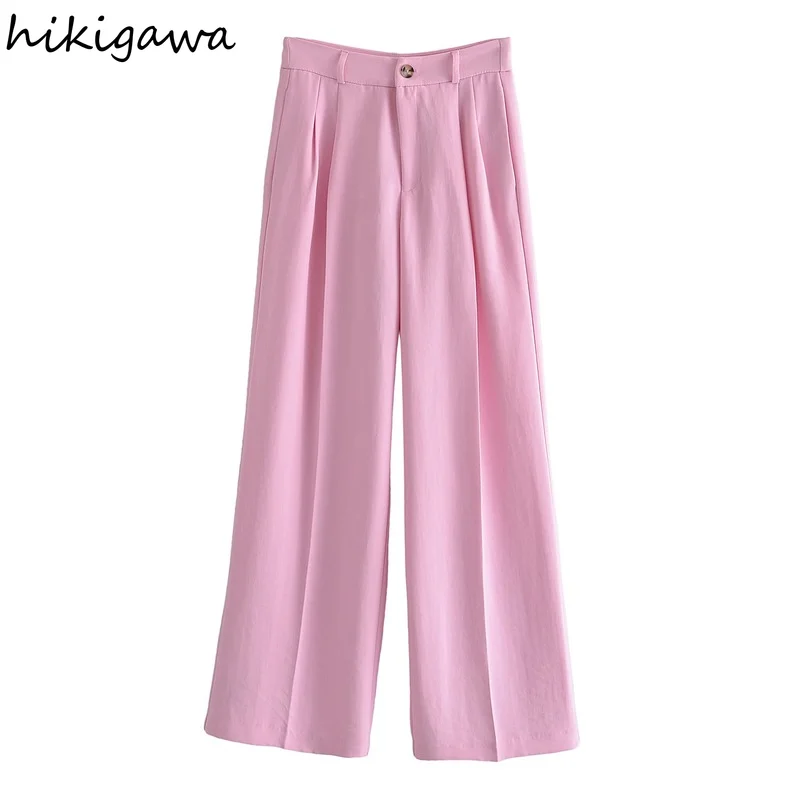 

Hikigawa Women Pants Fashion Loose Casual Straight Pant Vintage High Waist Zipper Fly With Side Pockets Female Trousers Mujer