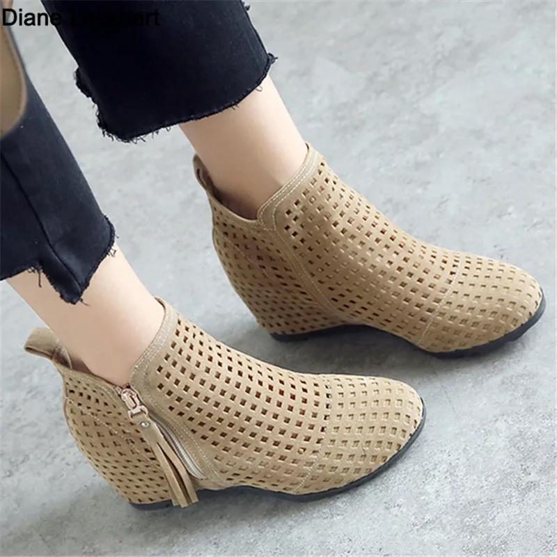 2023 New Women Summer Boots Flat Low Hidden Wedges Cutout Zip Bootas Ladies Dress Casual Shoes Hot Sale Size 34-43 Botas Mujer