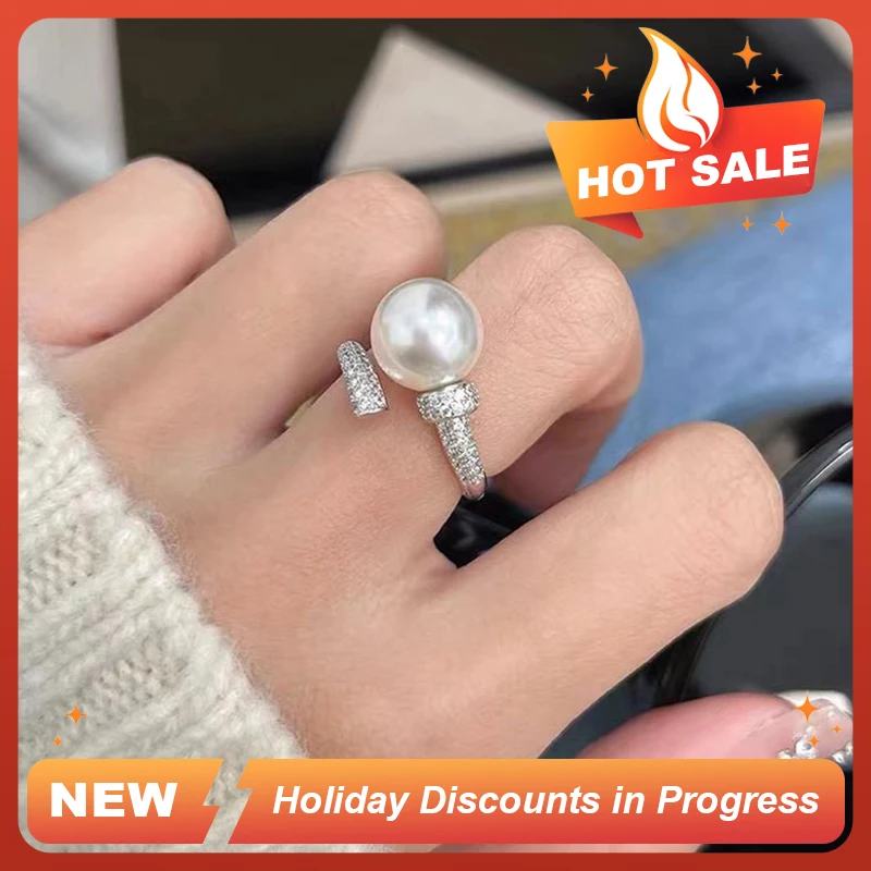 Luxury Big White Grey Pearl Zircon 925 Sterling Silver Open Rings for Women Wedding High End Jewelry Christmas Gift