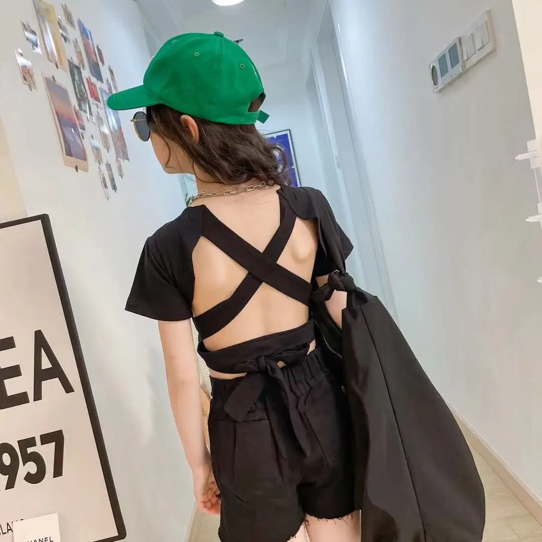 

Girls Crop Tops Kids Backless Stylish Tee Shirt Teens Pint T-Shirt Summer Children's Clothing 6 8 10 12 14 Years