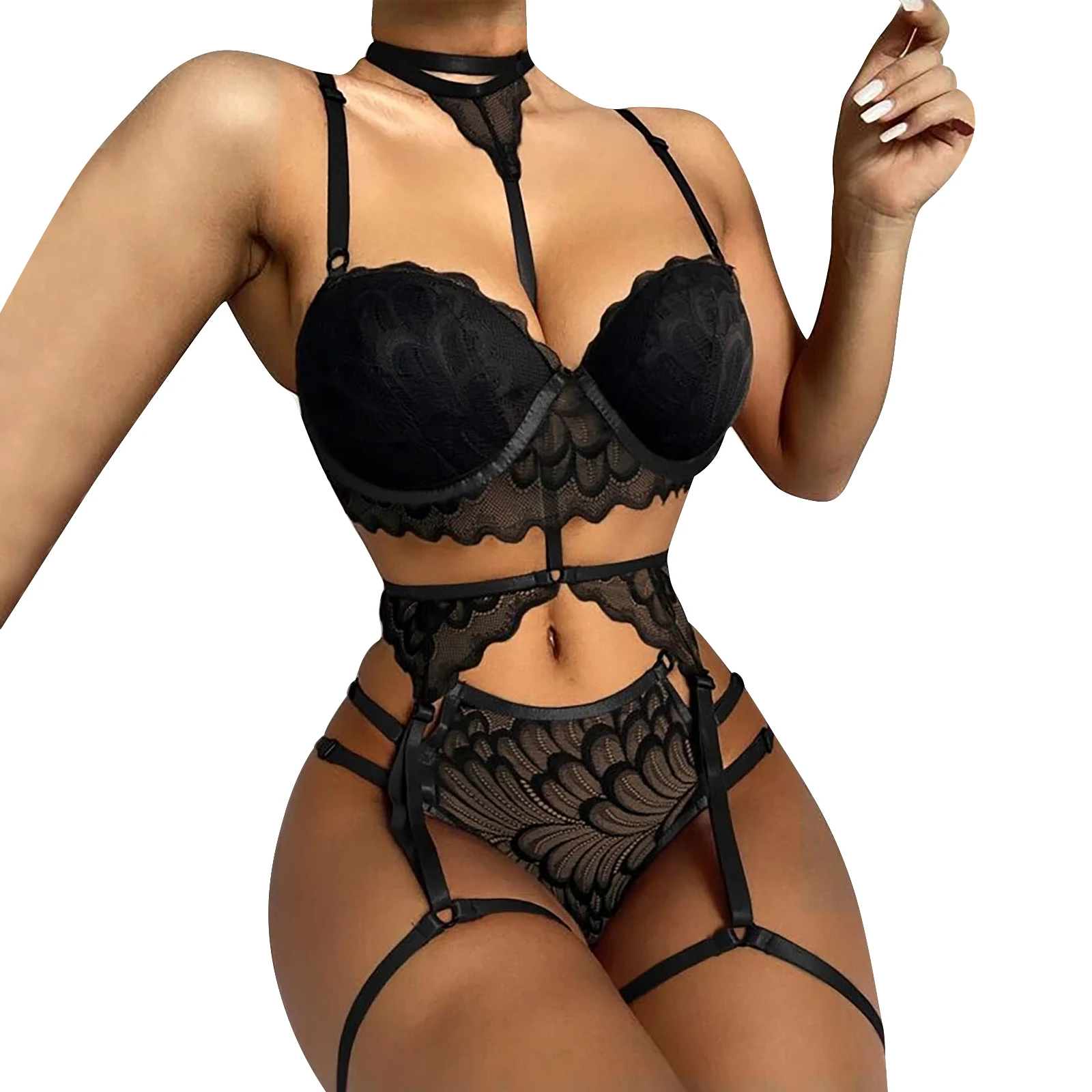 

Sexy Underwear Sets Women Erotic Lingerie Set with Garter Belt Summer Embroidery Sexi Hanging Neck Backless Tie Up Jumpsuits
