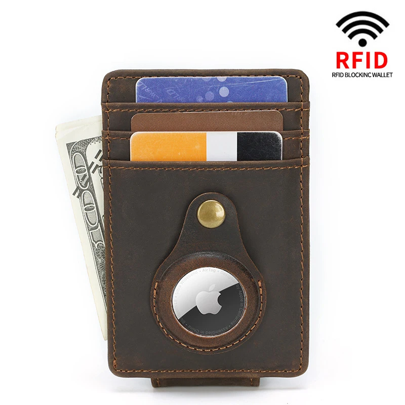 Genuine Leather Air Tag Wallet Case Holder Slim Minimalist RFID Blocking Card Holder Front Pocket Wallet for AirTag