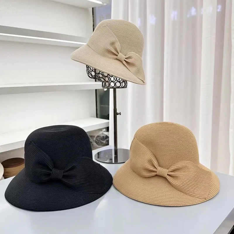 

Classic Nice Big Bowknot Straw Hat Packable Cloche Sun Hat for Women wide Brim Summer Hats Bucket Hat Church FedorasBeach hat