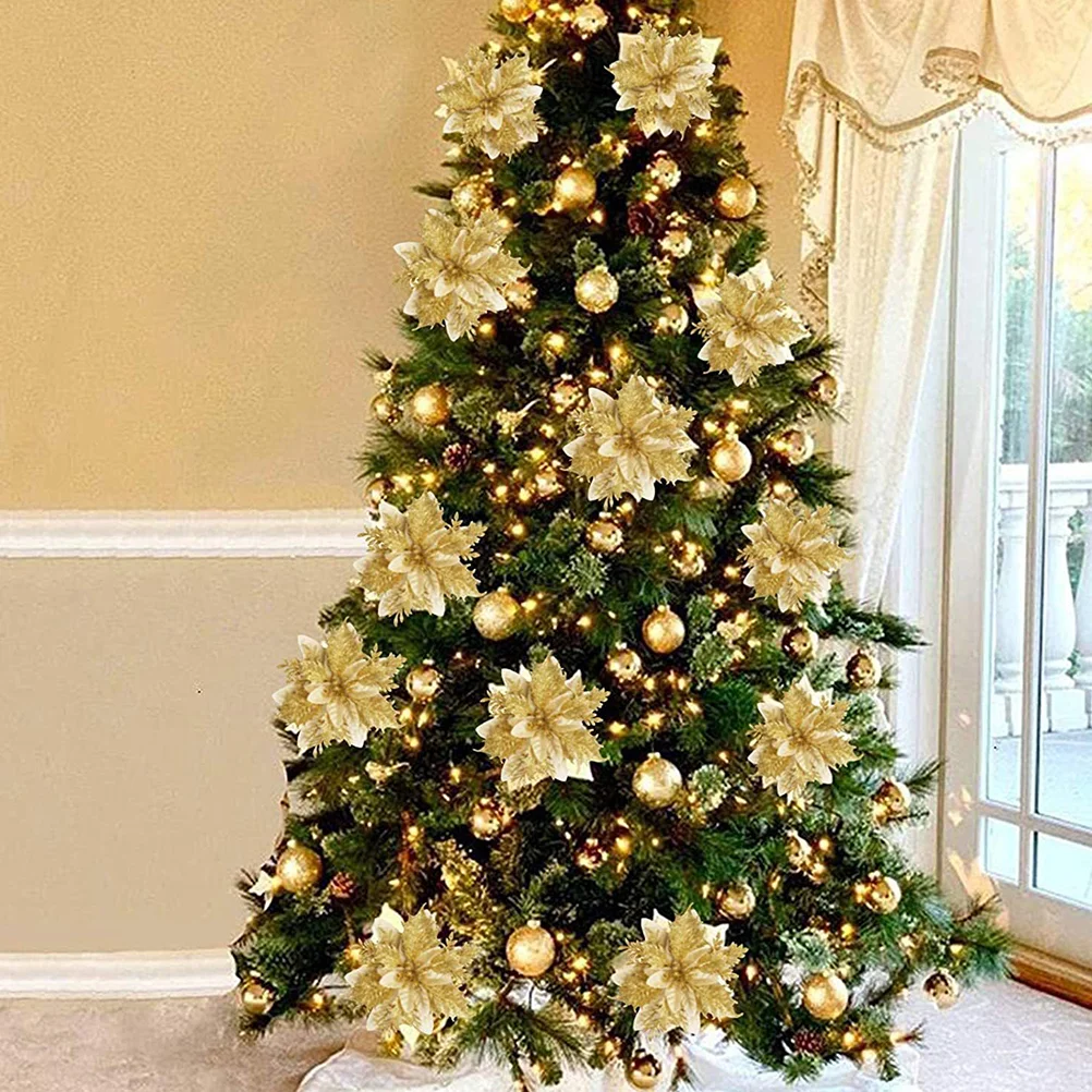 

Fake Poinsettia Flowers Glitter Flowers Christmas Decors For Home Tree Garland Wreath Pendant Christmas Tree Decor Pendant