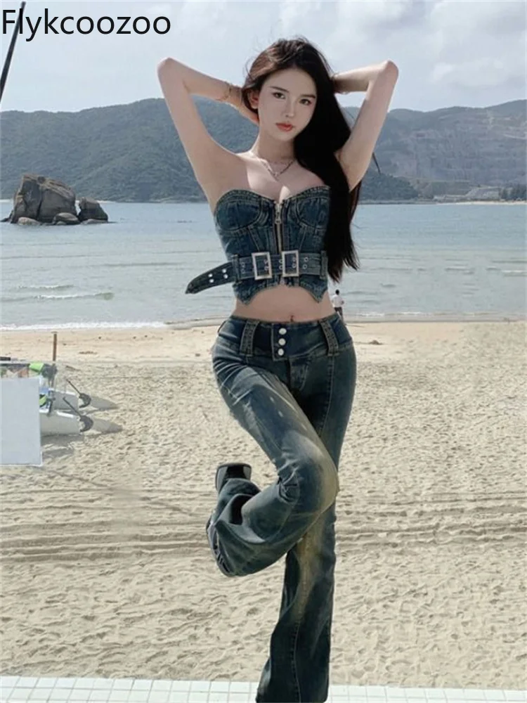 

FlykcoozooiHot костюм для девушек Топ джинсовый топ потертые джинсы весенние горячие брюки с высокой талией микро длинные брюки женские сексуальн...